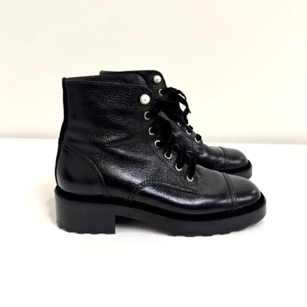 CHANEL Black Shiny Calfskin Velvet Lace Pearl Combat Boots 40 CC Logo Block Shoe